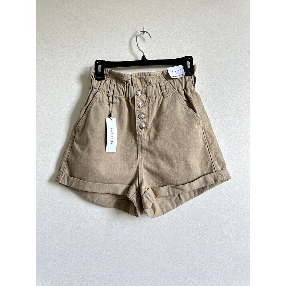Topshop Paperbag High Waist Button Fly Rolled Hem Denim Shorts Sz 6US Tan NWT